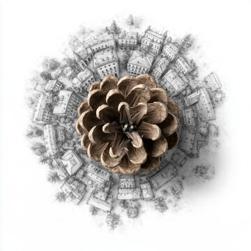 Pine Cone Surrounded by Circular Hand Drawn European Town Illustration