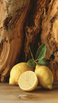 Fresh Lemons and Green Leaves Against Rustic Natural Wood Background
