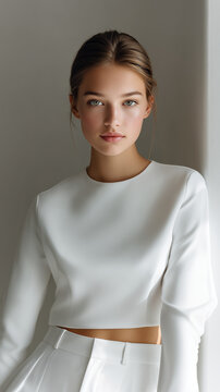 Young Brunette Woman with Natural Makeup Wearing White Minimalist Outfit