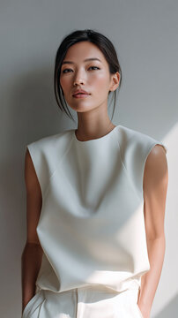 Elegant Asian Woman Wearing Minimal White Sleeveless Fashion Top