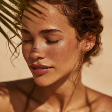 Natural Beauty Portrait of Brunette Woman with Palm Leaf Shadows
