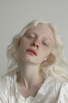 Ethereal Beauty Portrait of Young Woman with Albinism and White Hair