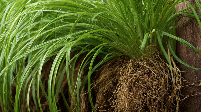 Fresh Green Vetiver Grass with Exposed Aromatic Roots in Natural Environment
