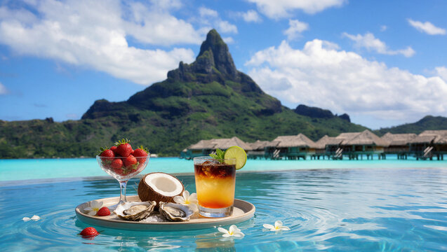 Tropical Cocktail and Exotic Fruits by Infinity Pool Overlooking Bora Bora