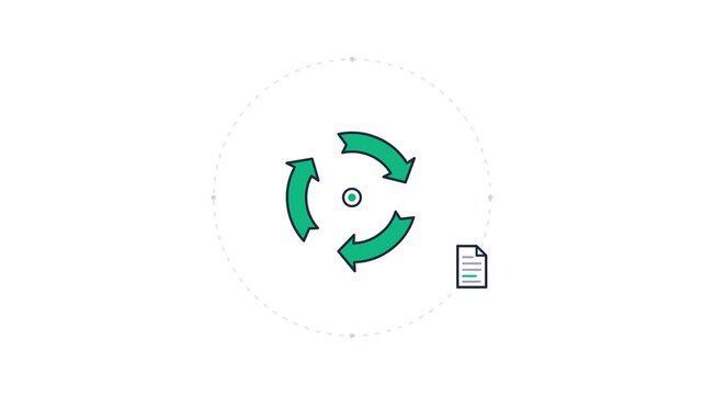 Clean flat design animation featuring green circular arrows and orbiting icons of bottles, paper, and cans. Ideal for environmental awareness and waste management projects.