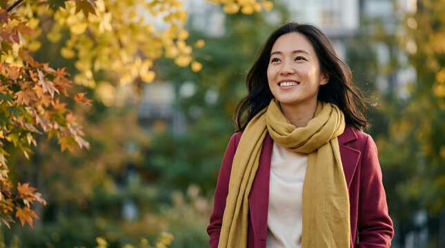 Smiling woman wearing a burgundy coat and mustard scarf stands on a leafy outdoor path, with golden autumn branches and a softly blurred green garden behind her in soft afternoon sunlight.