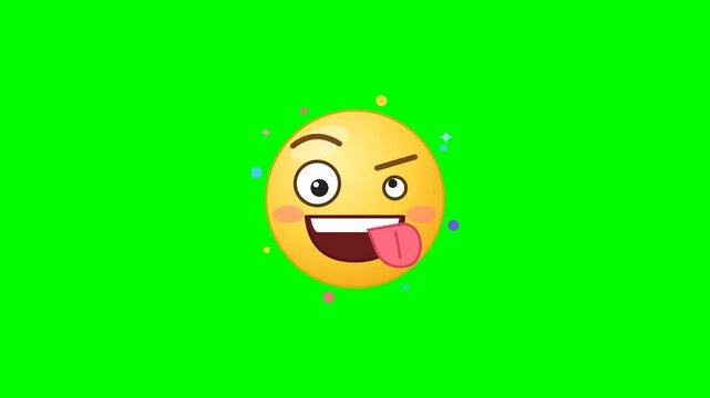 Six goofy emoticons with tongues out on green screen background