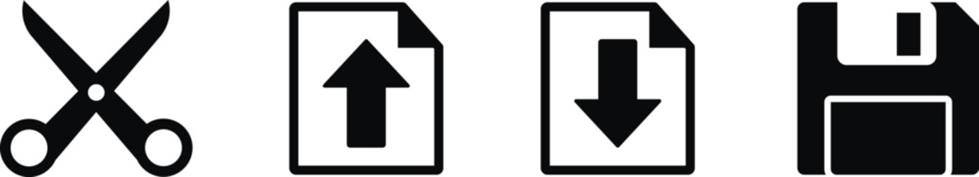 Graphic editor toolbar symbols, cut copy paste and save operations icons, outlined document design elements, file editing interface vector set.
