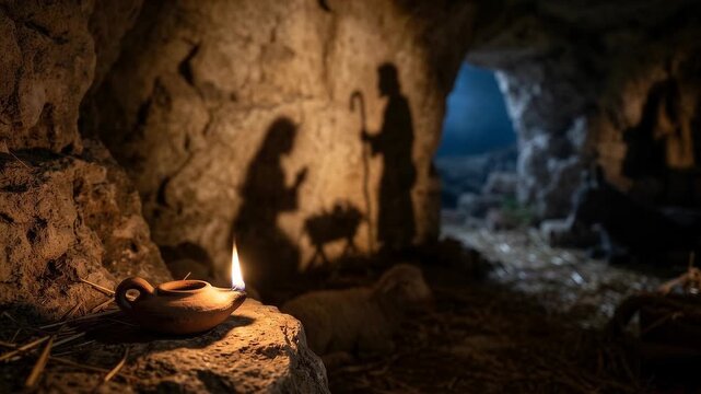 Holy Family Figures Casting Shadows Inside a Cave Beside an Oil Lamp, Symbolic Biblical Nativity Scene of Mary, Joseph and Jesus, Faith, Protection, Humility, Journey, Hope and Sacred Family Life