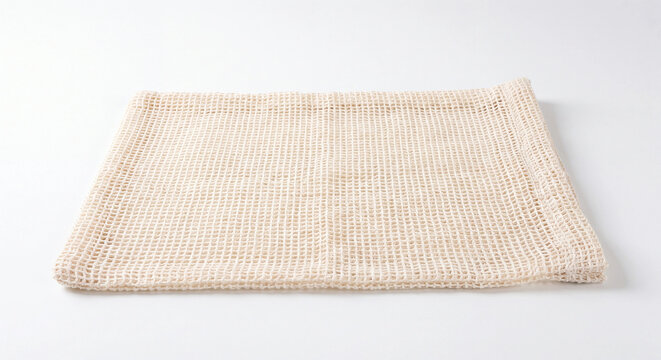 Cotton mesh bag photo folded flat on white background for reusable produce shopping
