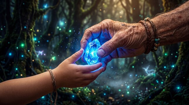 Elderly hand passing a glowing blue crystal to a child in a magical forest