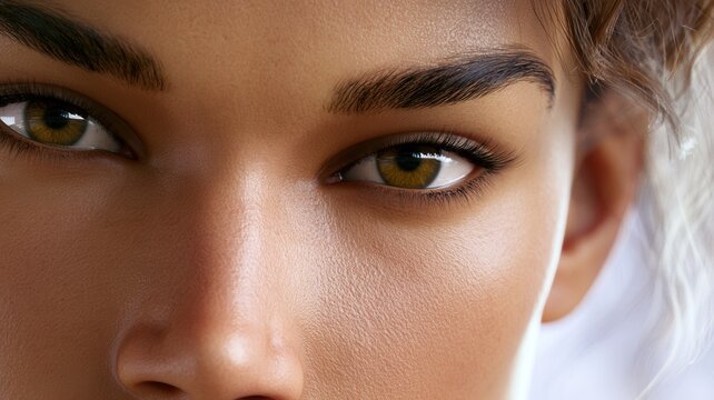 Woman with intense green eyes looking straight showing focus beauty and emotional depth a close up