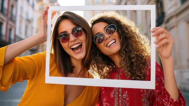 Happy young women friends holding a frame laughing and enjoying a joyful summer day in the city outdoors