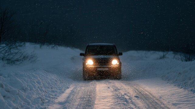 Vehicle moving through heavy snowfall on a dark icy road Headlights cutting through the reflecting on snow blizzard