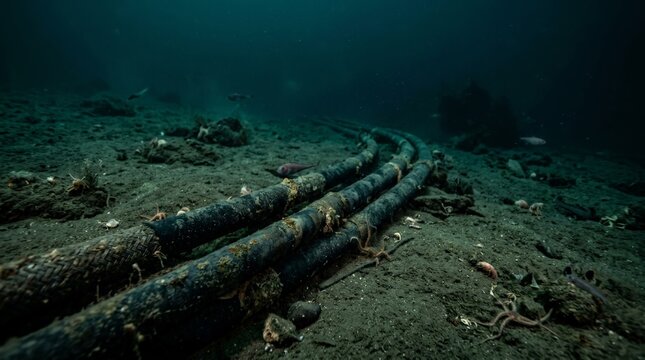 A close up underwater shot capturing heavy fiber optic communication cables resting on the dark ocean floor surrounded by marine life and silt in deep waters, underscoring the sea floor