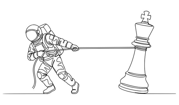 Continuous Line Astronaut Pulling Giant Chess King with Rope, Strategy Vector Illustration