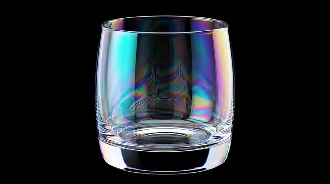 Transparent crystal tumbler with vivid iridescent rainbow refractions and colorful optical reflections on a black background.