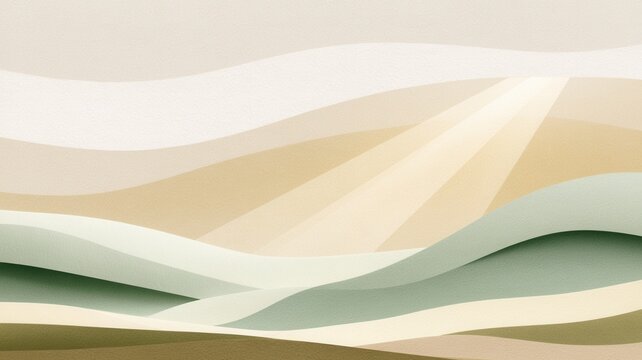Abstract landscape illustration with sun rays over rolling hills and layered natural colors serene
