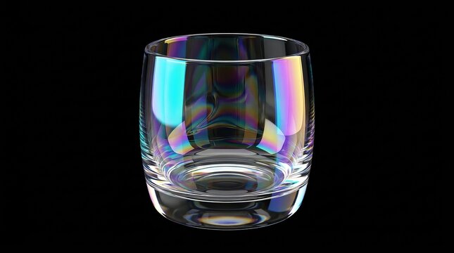 Transparent crystal tumbler with vivid iridescent rainbow refractions and colorful optical reflections on a black background.