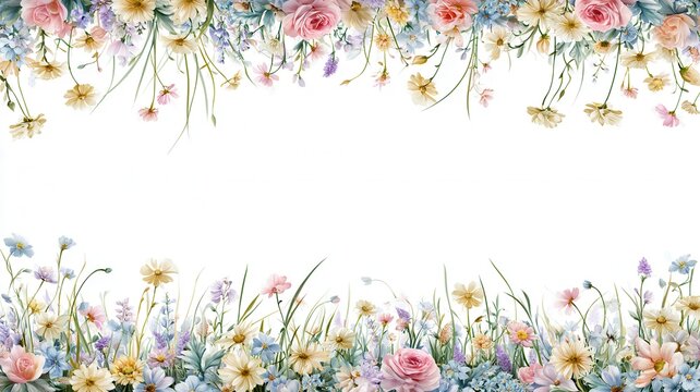 Soft watercolor floral border with various pastel flowers green leaves and delicate branches a white background
