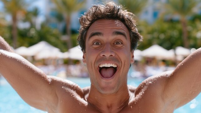 Excited man shouting and laughing at pool enjoying summer vacation and celebration of freedom