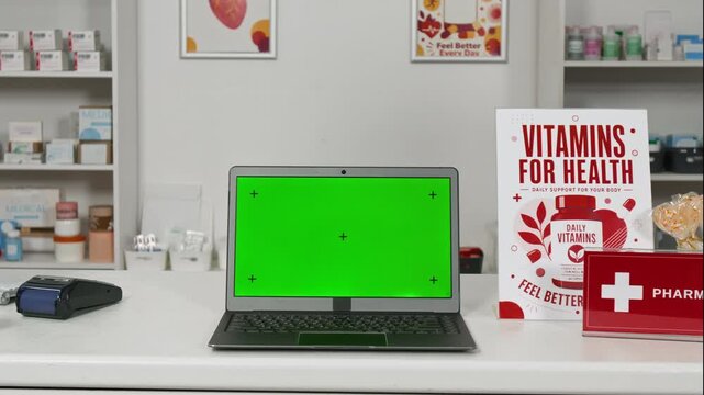 Laptop showing green screen chroma key mockup standing on pharmacy counter. Suitable for presenting telemedicine software, online drugstore interface, or digital healthcare application mockups