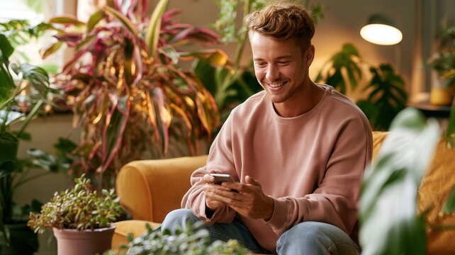 Young smiling man using smartphone looking at camera while relaxing on sofa at enjoying modern lifestyle home