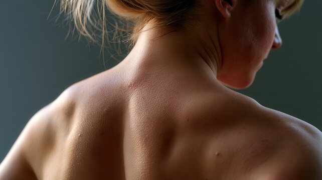 Woman's bare shoulders in soft backlight showing natural skin texture and body focusing on wellness contours