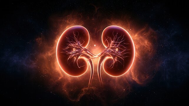 Human kidneys glowing purple representing health medicine and universal connection anatomy