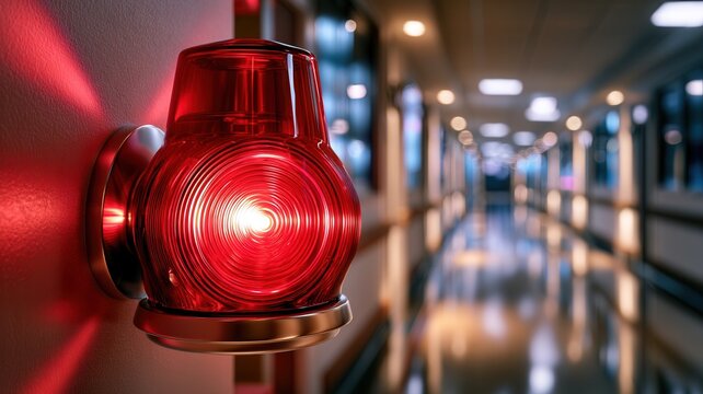 Red emergency alarm light illuminating a hospital corridor symbolizing a critical warning urgent crisis situation