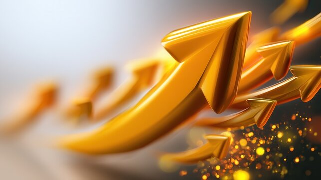 Golden arrows pointing up representing business success growth financial and market increase progress