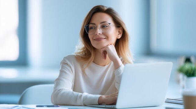 Professional woman working on laptop smiling and looking away contemplating new business for future growth ideas