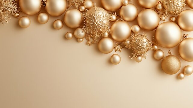 Golden christmas ornaments creating festive border on beige background holiday season decoration elegant