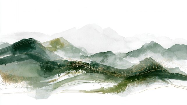 Abstract watercolor mountains landscape with golden lines creating an elegant green grey art background