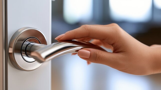Hand opening modern door handle entering or exiting a room concept access privacy opportunity