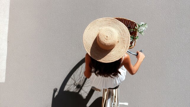 Person riding bicycle from overhead view wearing a straw hat enjoying summer travel outdoor leisure activity