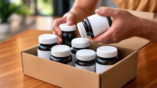 Person's hands packaging health supplement bottles in cardboard box for e commerce delivery and customer order fulfillment