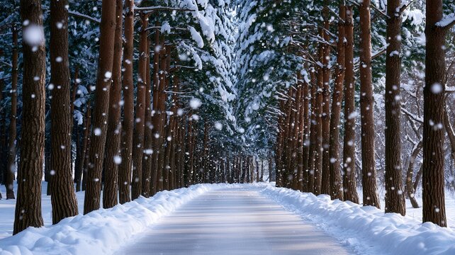 Long snow path leading through a dense pine tree forest with snow covering branches and ground creating calm winter scene