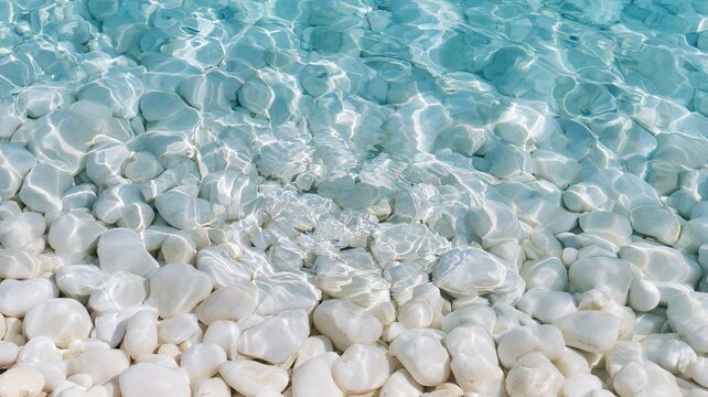 Clear turquoise water with ripples reflecting sunlight over a bed of white pebbles illustrating and summer calm purity
