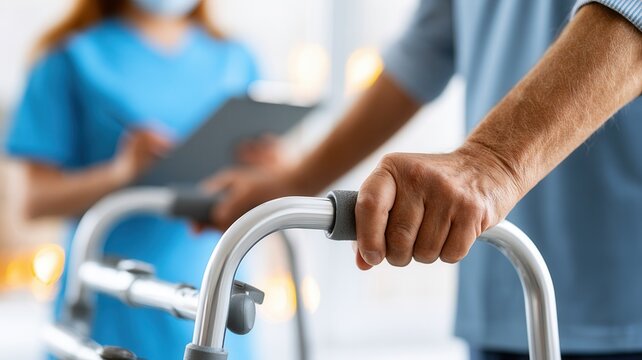 Patient hand holding onto a mobility walker getting support and care from an out focus healthcare worker