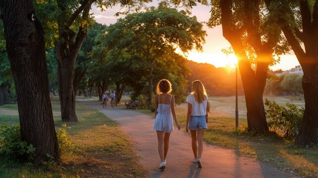 Young couple holding hands walking on a park path at golden hour symbolizing relationship and connection love