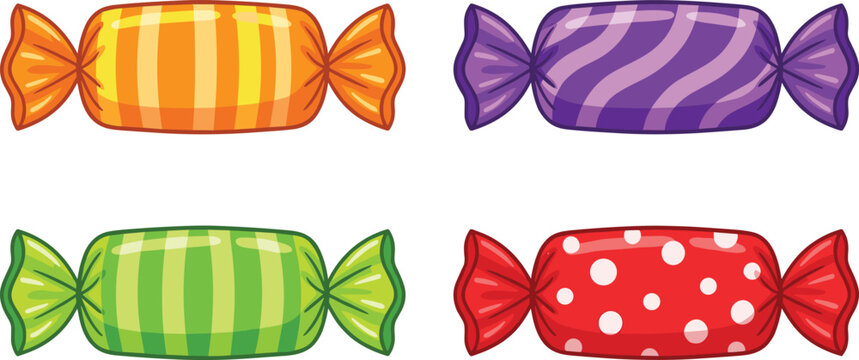 Sweet wrapped candies set, colorful sugar bonbons, sweet shop, isolated flat vector illustration