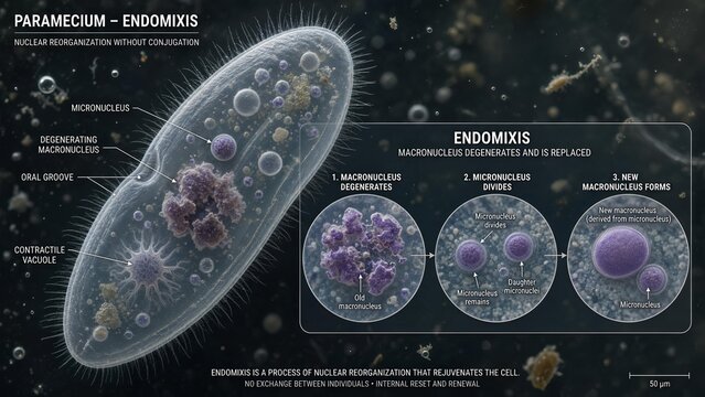 Scientific visual of paramecium ciliate undergoing nuclear endomixis reorganization with detailed inset showing micronucleus development and original macronucleus breakdown phase