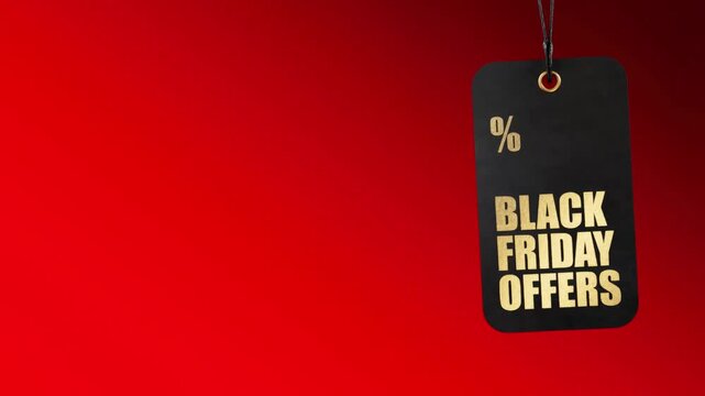 Animated black price tag with black friday offers written in gold letters, swinging on a red gradient background. Commercial promotion concept. Looping video in 3d animation