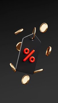 Black friday concept with a price tag showing a red percentage sign. Golden coins are floating around the label on a dark background. Looping video in 3d animation