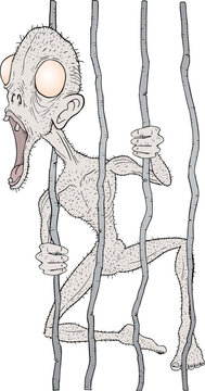 A strange, skinny prehistoric man trapped behind ancient prison bars, blind and screaming with mouth open.