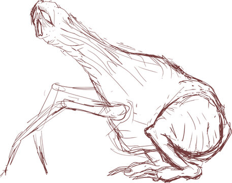 A mysterious, bizarre infernal creature sketched with eerie details and dark supernatural features draw