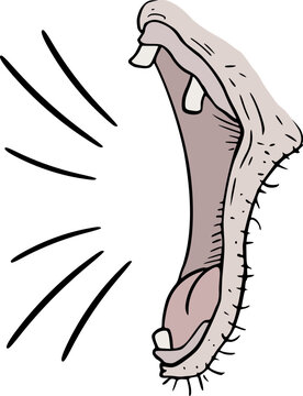 A funny ugly cartoon mouth screaming loudly with exaggerated features and hilarious expression draw