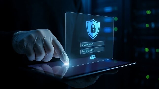 Cybersecurity professional using a digital tablet to access a secure login interface with a shield and padlock icon in a server room