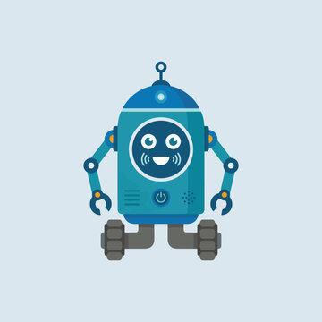 Cute Friendly Robot Character Mascot Waving Hand, Adorable Blue and White Futuristic Bot Illustration